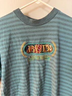 Vintage Budweiser Teal Striped Short Sleeve Tee with Embroidered Crest